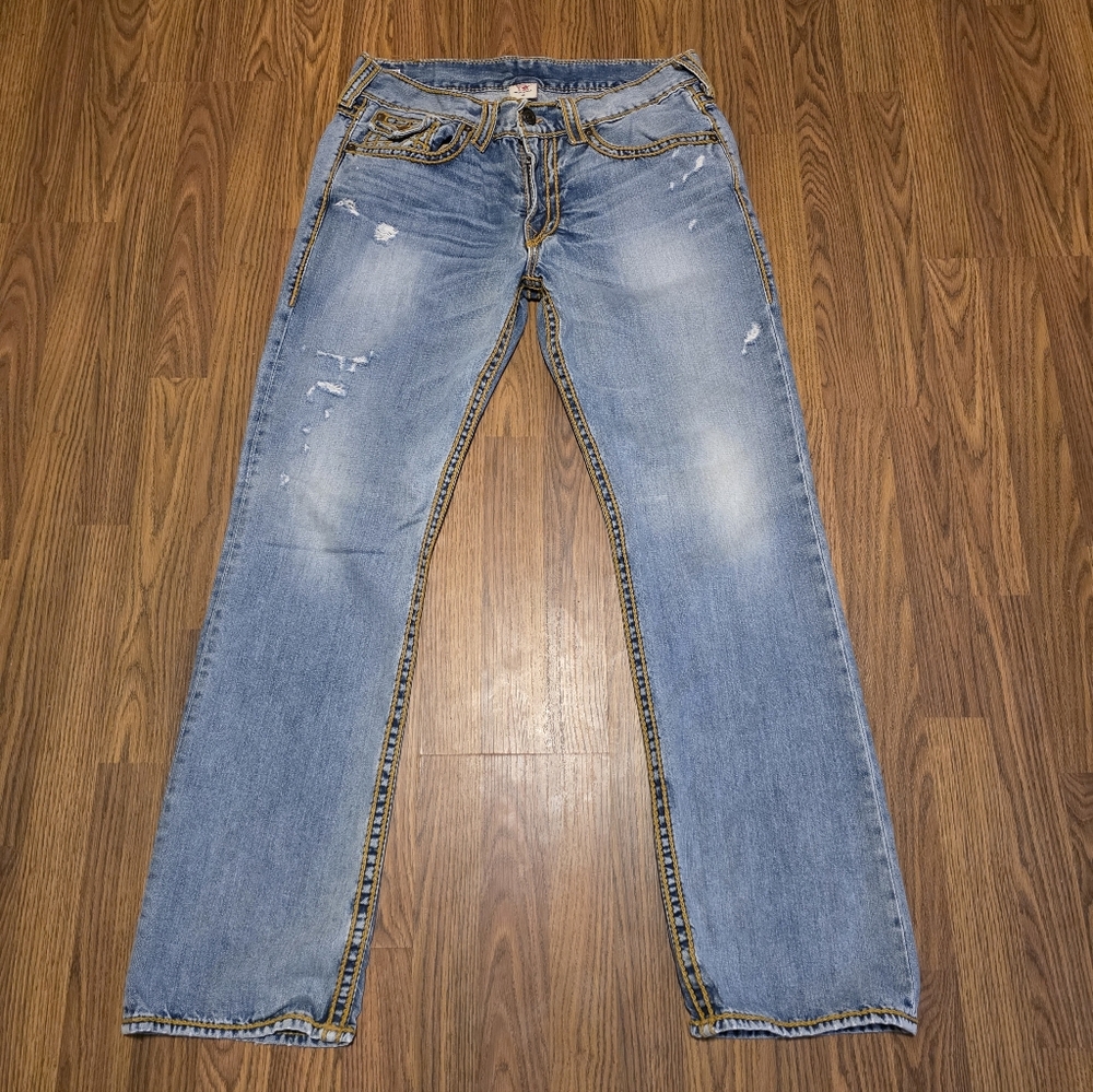 True Religion Men's Jeans 36 Blue Distressed Super T Yellow Stitch Y2K USA Made